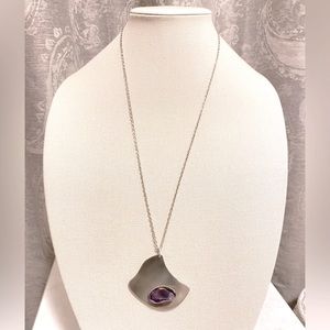Genuine Amethyst Modernist Pendant on 28” Silver Chain (EUC); gift box